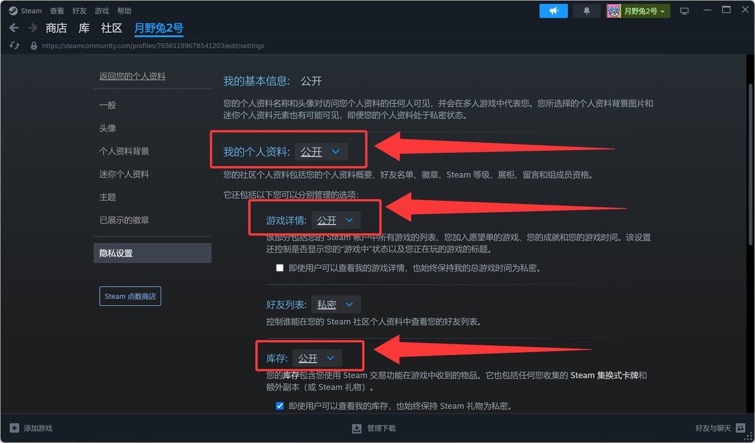 第四步：个人资料 / 游戏详情 / 库存 全部设为公开